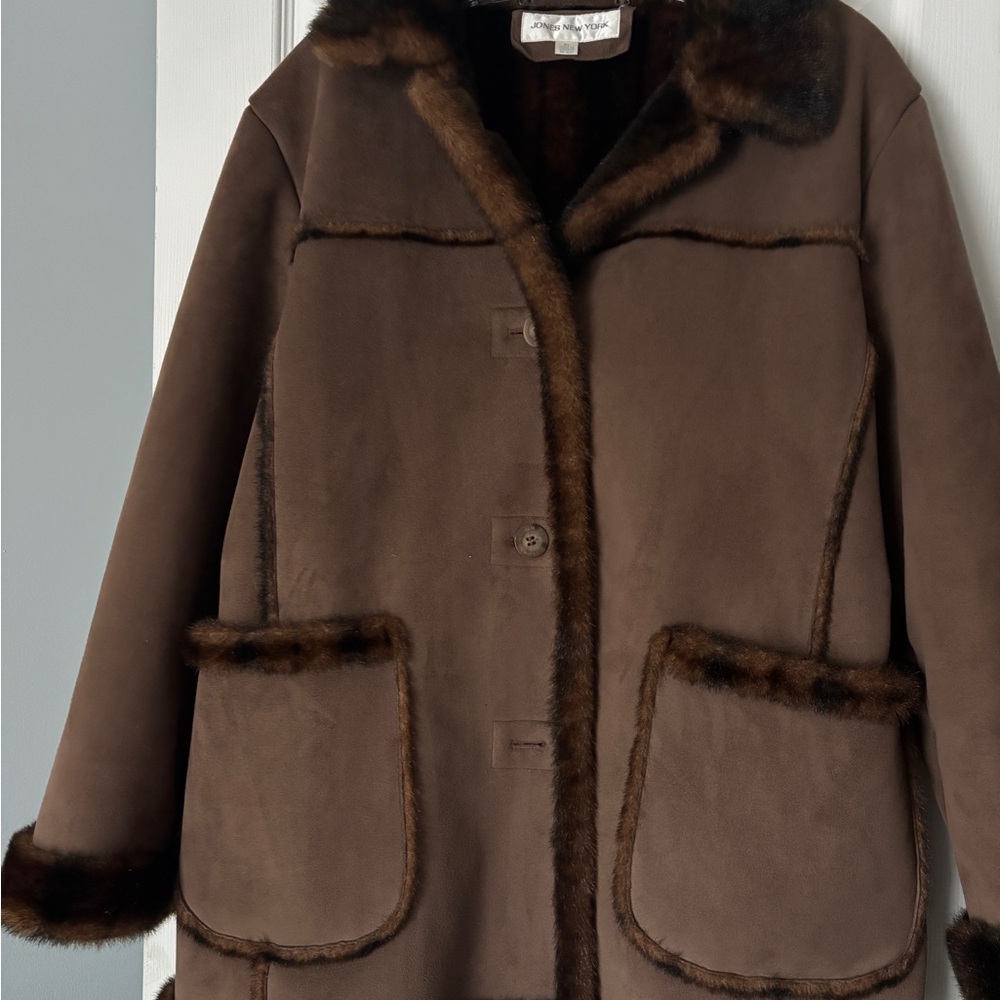 Jones New York Brown Teddy Jacket with Fur Trim